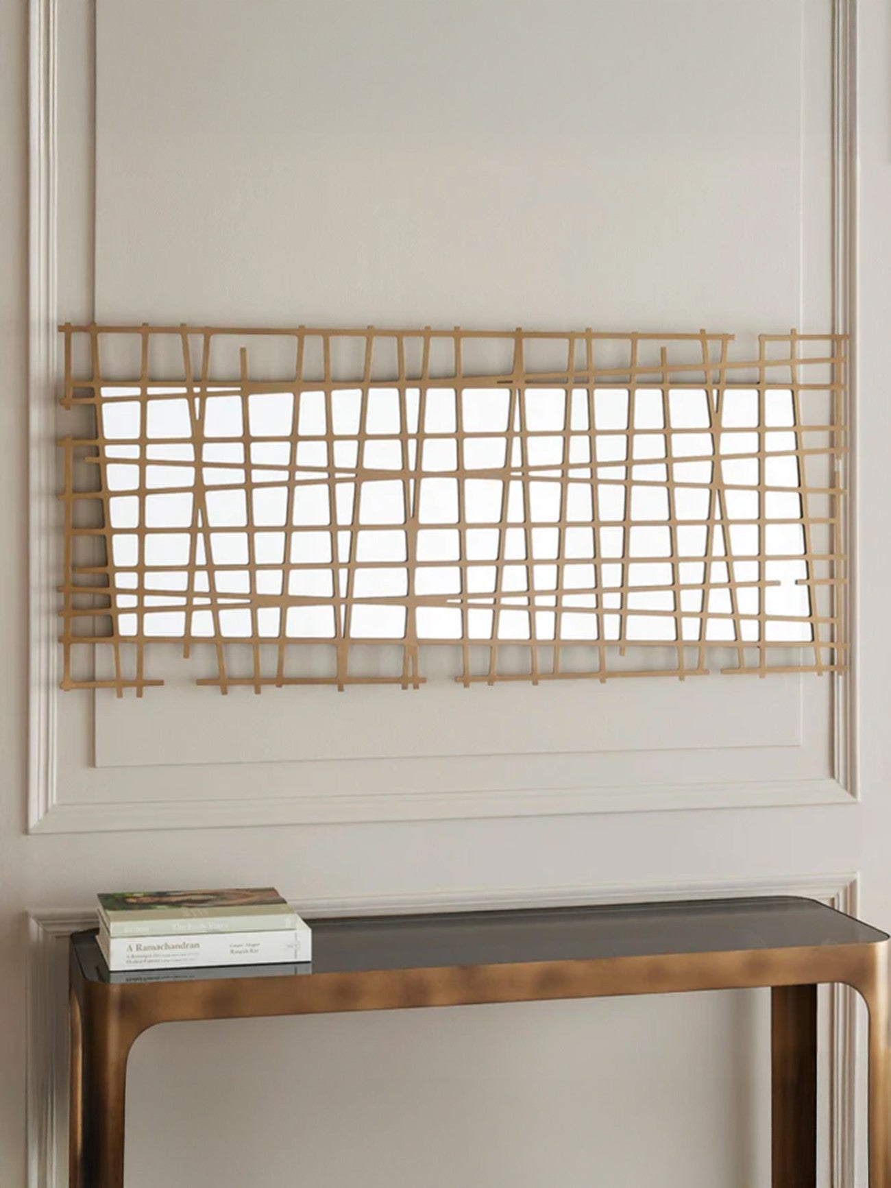 Art Deco Brass Lattice Full Length Wall Mirror